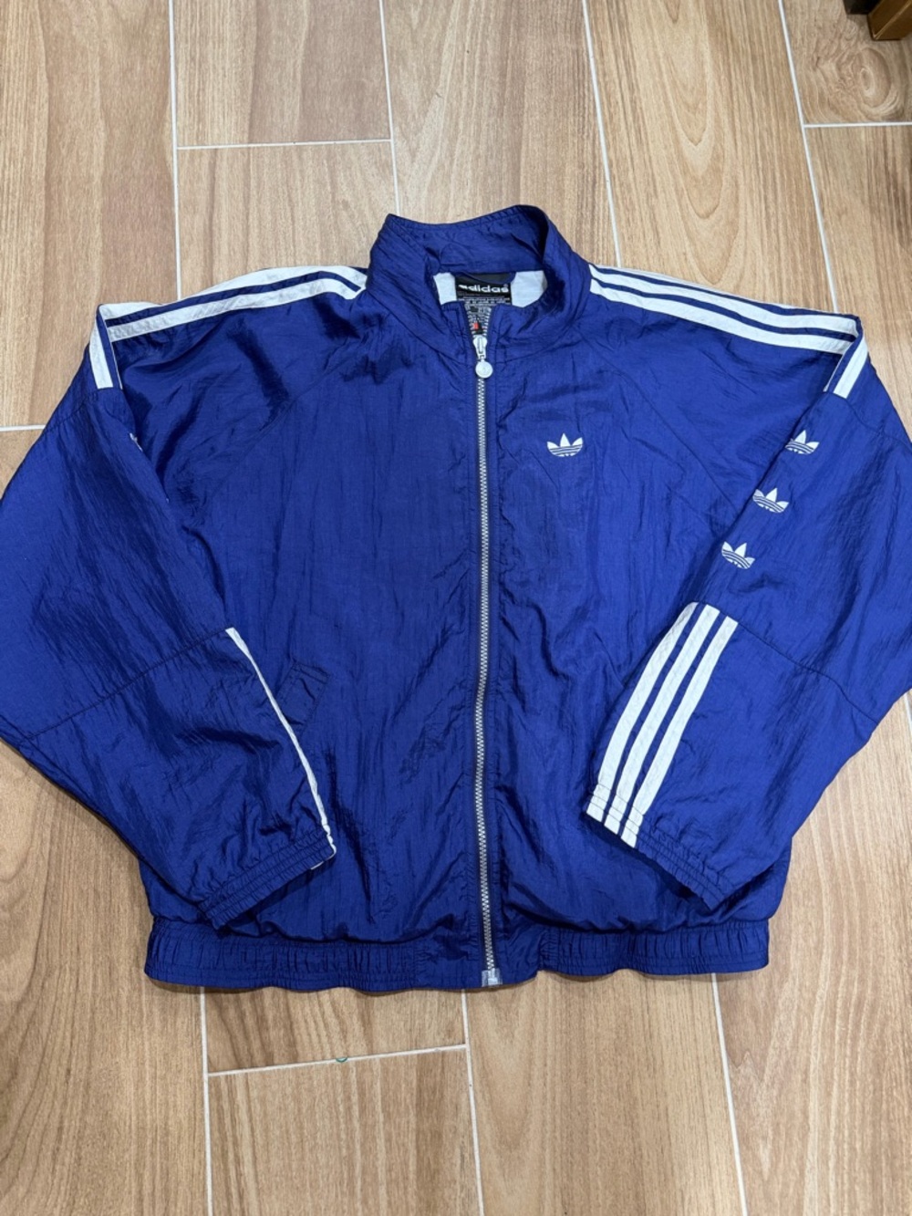 Vintage adidas 1990’s Blue Windbreaker Jacket with White Stripes